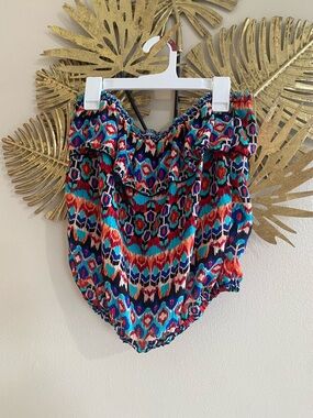 Timing Multicolor Printed Off-Shoulder Top - Blue, Teal, Red